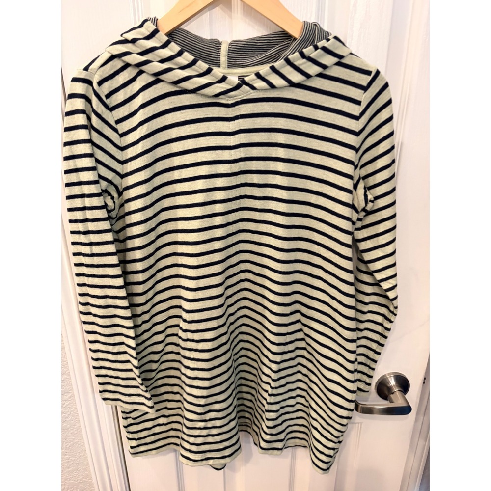 J. Jill Hoodie Tunic Sage Green Navy Blue Striped Cotton Knit Pullover Top